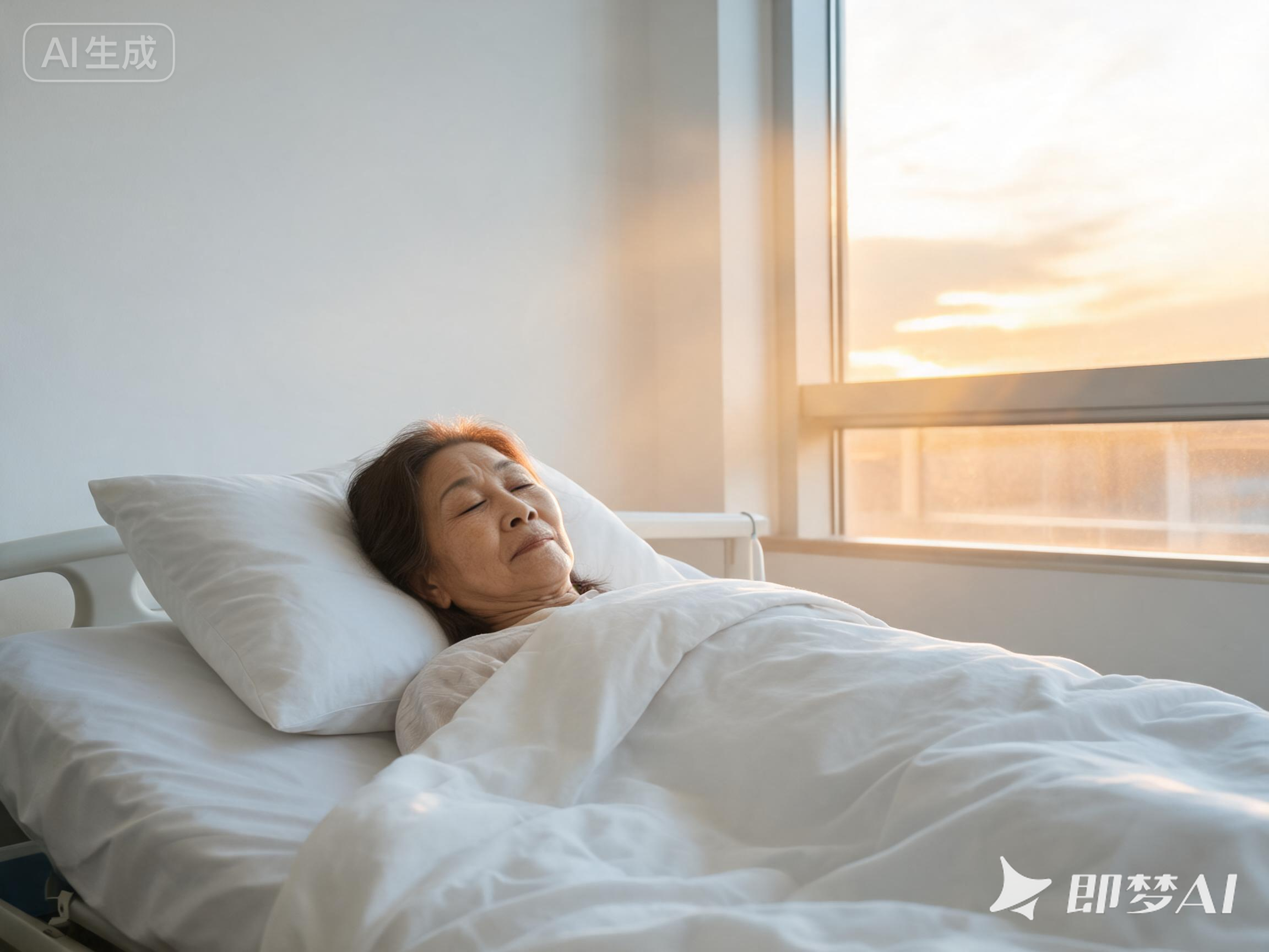 病床前的母亲:于连守在白色病床边,窗外余晖映着岁月的沟壑